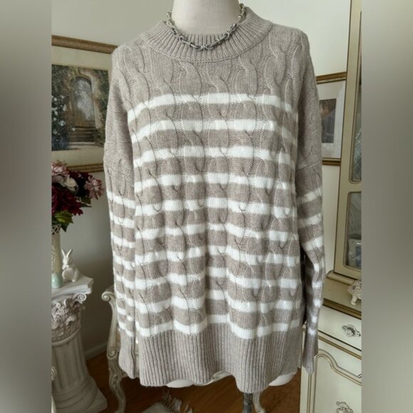 La Ligne Tan and White Crew Neck Sweater with Stripes - Picture 1 of 6